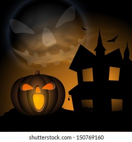 Scary Halloween night background with pumpkin and haunted house. 