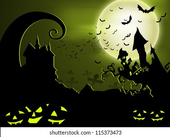 Scary Halloween night background with pumpkins, haunted house, dead tree and flying bats. EPS 10.