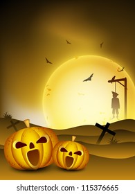 Scary Halloween night background with pumpkins and hanging dead body. EPS 10.