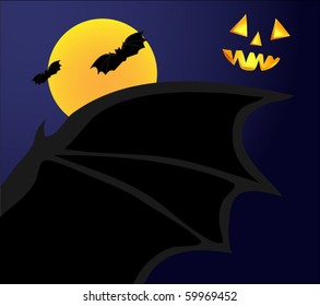 Scary Halloween night. The bat on background with moon and dark sky. Vector illustration