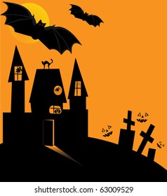 Scary Halloween night. The castle, cemetery, grave, bat on orange background. Vector illustration