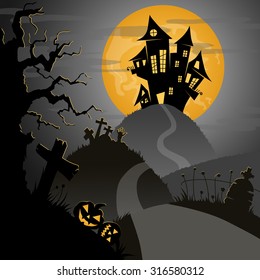 scary Halloween night with castle, pumpkins, tombs, and big yellow moon, vector illustration
