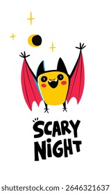 Scary Halloween Night with Cute Flying Bat Cartoon Illustration. Halloween Night poster card. Flat vector illustration