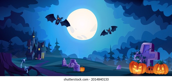 Scary halloween night with full moon shining, flying bats and illuminated pumpkins on graveyard. Spooky landscape in evening, cemetery with dry trees, haunted place in autumn. Cartoon vector