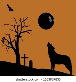 
scary halloween night with howling wolf and full moon. hallooween vector illustration.