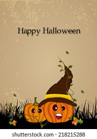 Scary Halloween night party celebrations with spooky pumpkin in witch hat, can be use as flyer, banner or poster design. 