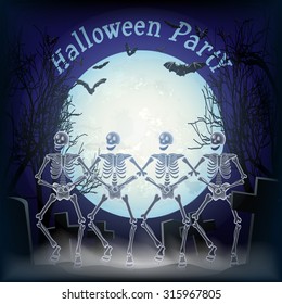  Scary Halloween Night Party poster with full moon, cute dancing skeletons and bats. Vector illustration.