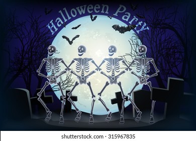  Scary Halloween Night Party poster with full moon, cute dancing skeletons and bats.