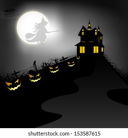 Scary Halloween night poster, banner or background with haunted house and scary pumpkins. 