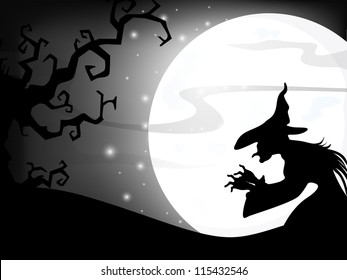 Scary Halloween night with witch silhouette. EPS 10.