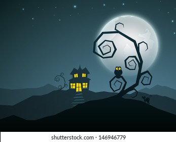 Scary Halloween nights with haunted house and dead tree.