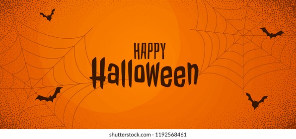 scary halloween orange banner with spider web and flying bats