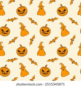 Scary Halloween orange pattern with creepy pumpkin, ghost in wizards hat and bat, in hand drawn doodle style. For background, backdrop, packaging.