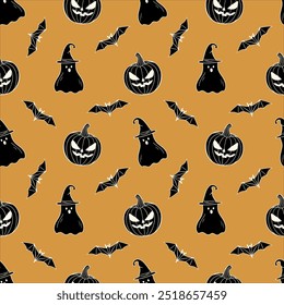 Scary Halloween orange pattern with creepy pumpkin, ghost in wizards hat and bat, in hand drawn doodle style. For background, backdrop, packaging. Vector illustration