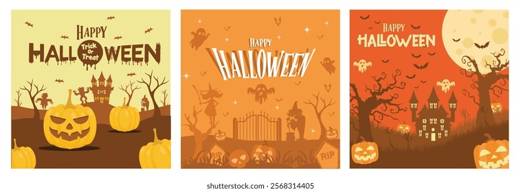 Scary Halloween party. Scary cemetery fence. Pumpkins, ghosts and bats fly around in the night. Halloween concept. Set flat vector illustration.