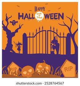 Scary Halloween party. Graveyard with a gate, pumpkins, trees, and spooky tombstones. Halloween concept. Flat vector illustration.