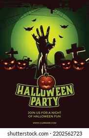 Scary Halloween Party Invitation Ghost Dance Party with Scary Pumpkins Full Moon Zombie Party Trick or Treat Candies Flyer Template Vector Illustration for Fun Costume Halloween Invitation Card Poster