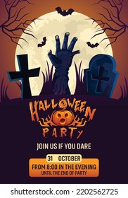 Scary Halloween Party Invitation Ghost Dance Party with Scary Pumpkins Full Moon Zombie Party Trick or Treat Candies Flyer Template Vector Illustration for Fun Costume Halloween Invitation Card Poster