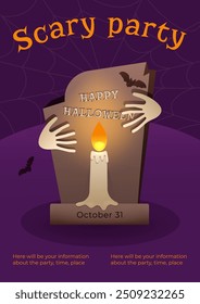 Scary Halloween party poster with grave monument, gravestone with scary hands and bats on purple background