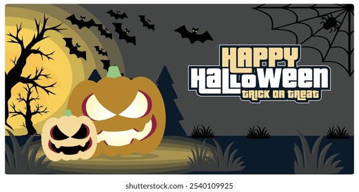 Scary Halloween party. Spooky pumpkins and bats with full moonlight. Halloween Party concept. Flat vector illustration.