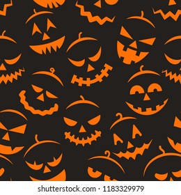 Scary halloween pattern. Spooky pumpkin smile faces background, freaks kids seamless pattern, vector illustration