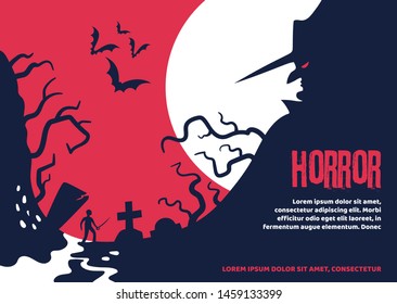 Scary Halloween poster about a man who fell into mystic place. Horrible Halloween holiday story. Vector illustration.