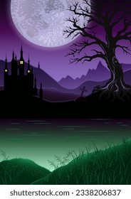 Scary halloween poster background with copy space. Foggy landscape with mountains, old castle, house, tree, big moon, grave cross, green glowing swamp. Otherworldly, mystical illustration.