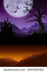 Scary halloween poster background with copy space. Glowing, foggy landscape with mountains, old castle, house, tree, big moon, grave cross. Otherworldly, mystical illustration.