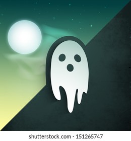Cartaz assustador de Halloween, banner ou flyer com personagem clássico de fantasma no fundo da noite. 