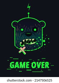 Scary Halloween poster with cartoon character in vector. Growling zombie bear head with neon outline on dark background. Glitch game over text effect.