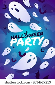 Scary halloween poster. Illustration with flying ghosts and bats on a bright background with halloween party text. Template for website, mailing or advertisement.