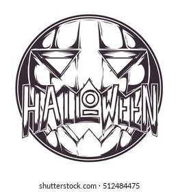 Scary Halloween Pumpkin Badge, Label, Emblem, Sticker Design also can be used like Banner or Poster. Vintage Retro Style. Vector Illustration.