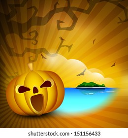 Scary Halloween pumpkin and bats in spooky night background. can be use as flyer, poster or banner for parties. 