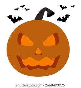 Scary Halloween Pumpkin with Bats Vector Illustration. A spooky carved Halloween pumpkin with glowing eyes and a jagged mouth, surrounded by flying bats.