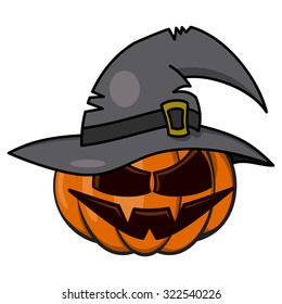 Scary Halloween Pumpkin in a big black witch's hat isolated on white background.