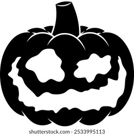 Scary Halloween Pumpkin Black Silhouette. Vector Hand Drawn Illustration Isolated On Transparent Background