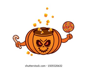 Scary halloween pumpkin with candy vector. Halloween pumpkin cartoon character. Pumpkin with sinister smiling face. Halloween decoration isolated on a white background. Creepy halloween pumpkin icon