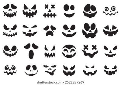 Cara de abóbora assustador Halloween. Assustador Halloween abóbora fantasma cara ícones, vetor, conjunto de silhueta. Mal, Ghost Face Clipart, Ghost Face Simples ilustração de terror assustador.