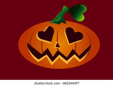 Scary halloween pumpkin face in love with heart shaped eyes