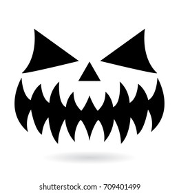 
Scary Halloween pumpkin face vector design, ghost or monster mouth icon with spooky eyes, nose and big teeth
Evil character for celebrating Halloween - black horror face on white background
