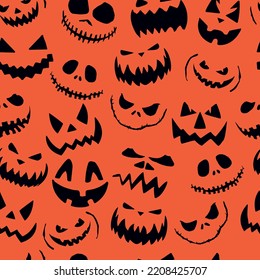 Scary Halloween pumpkin faces background patten in vector