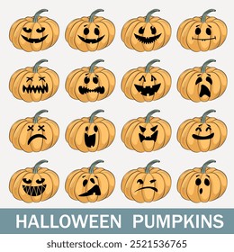 Scary Halloween pumpkin faces. Pumpkin different expressions flat vector illustration.