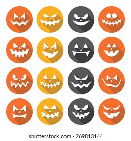 Scary Halloween pumpkin faces flat design icons set