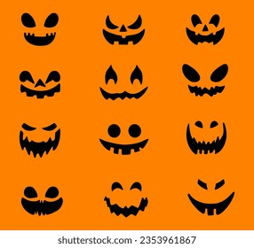 Scary Halloween pumpkin faces icons set on background. Vector graphic.