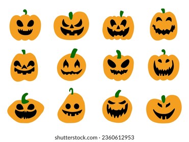 Scary Halloween pumpkin faces icons set on background. Vector graphic.