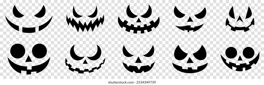 Scary Halloween pumpkin faces icons. Vector illustration isolated on transparent background