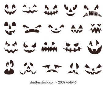 Scary halloween pumpkin faces silhouette, evil ghost eyes. Funny or spooky pumpkins mouths, autumn holiday lantern face icon vector set. Mysterious isolated facial expressions with holes