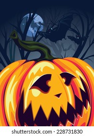 Scary halloween pumpkin in the forest at night.