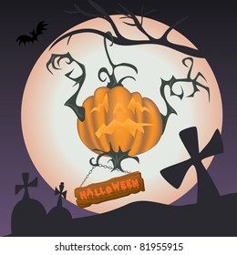 Scary halloween pumpkin hanging on the branch -  vector illustration with full moon in the background