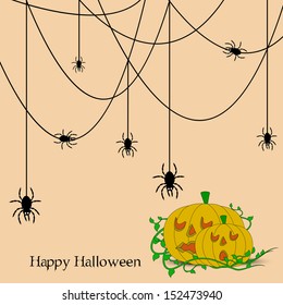 Scary Halloween pumpkin with hanging spiderweb for Halloween party night, can be use as flyer, banner or poster. 